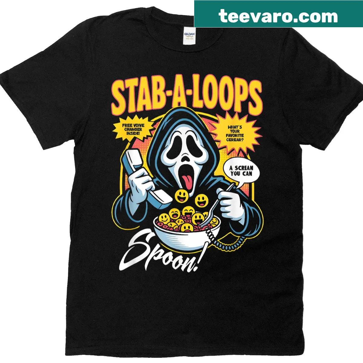 Horror-themed t-shirt with 'Stab-a-loops' cereal design — on a men's t-shirt