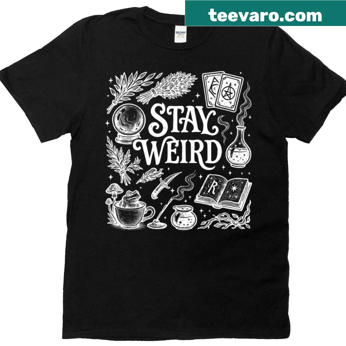 Halloween shirt with 'Stay Weird' and witchy illustrations — on a men's t-shirt