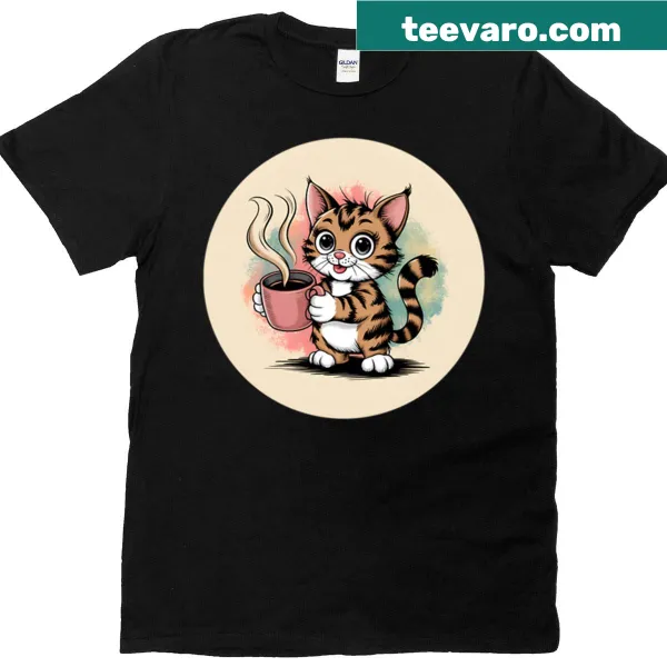 Charming t-shirt featuring cat art and a steaming cup of coffee