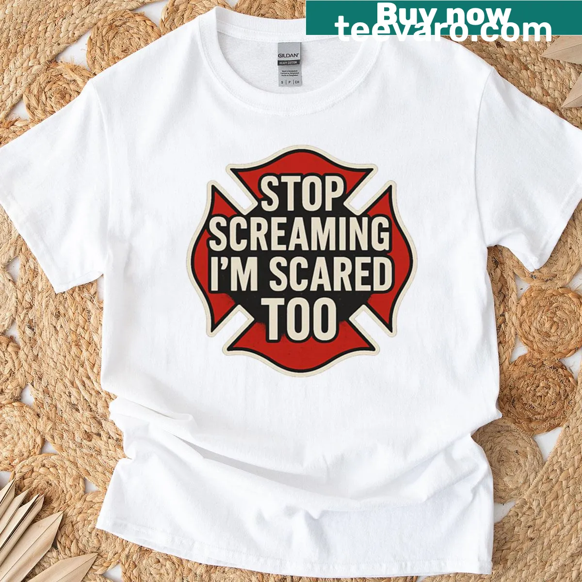 Humorous firefighter t-shirt with bold text saying 'Stop Screaming' — on a men's t-shirt