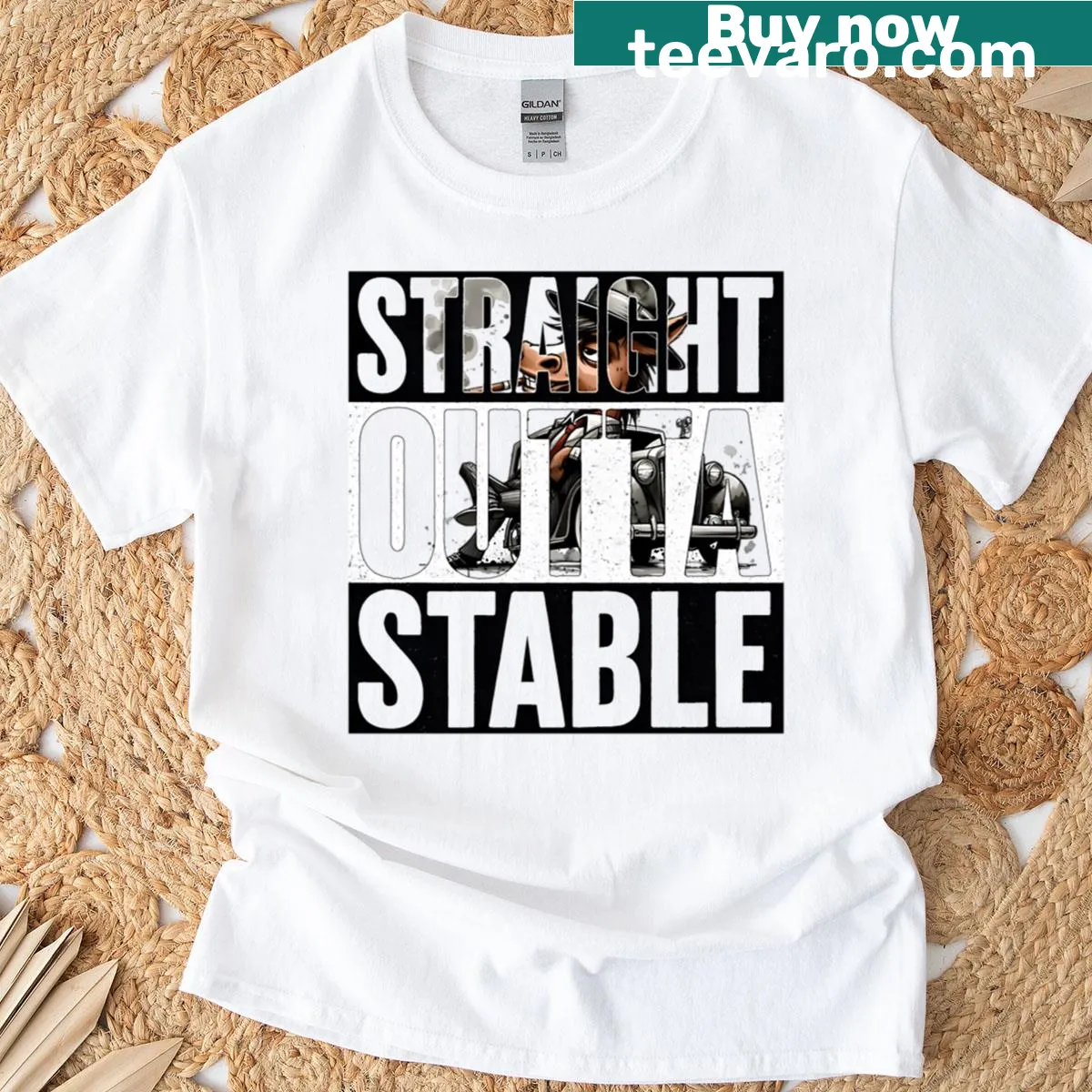 Proud T-shirt with 'Straight Outta Stable Horse Mafia' text — on a men's t-shirt