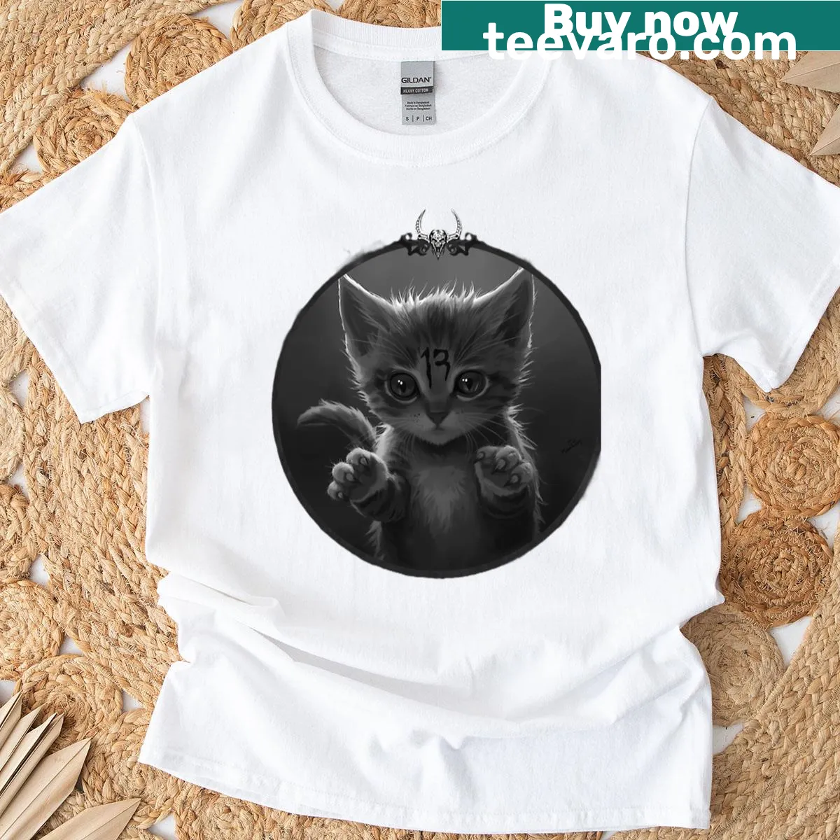 Cartoon t-shirt featuring a striped devil kitten illustration — on a men's t-shirt