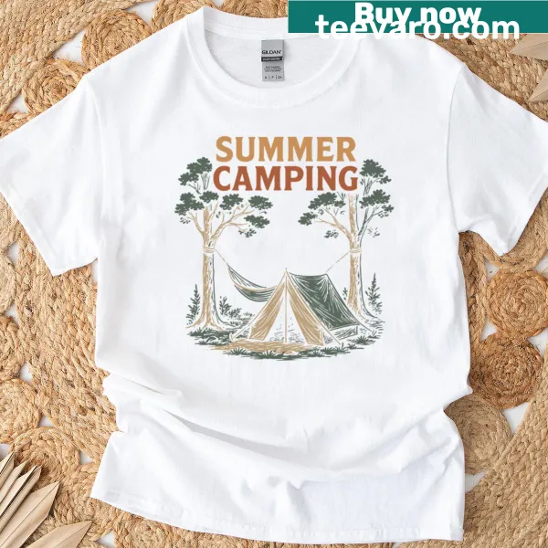 Funny camping t-shirt with whimsical adventure illustrations