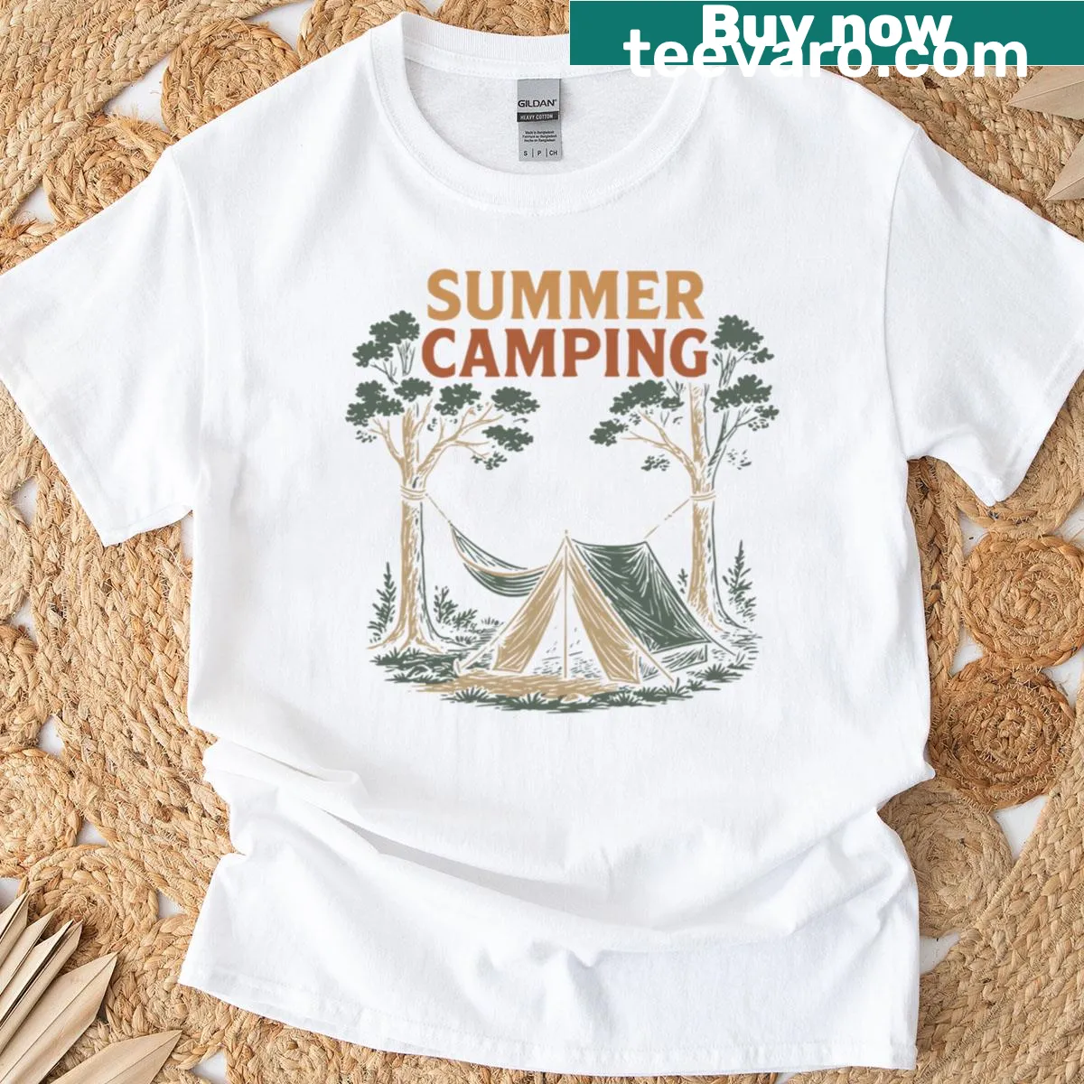 Funny camping t-shirt with whimsical adventure illustrations — on a men's t-shirt
