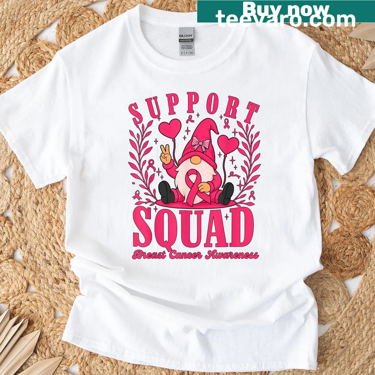 Gnome graphic with pink ribbon on breast cancer awareness t-shirt. — on a men's t-shirt