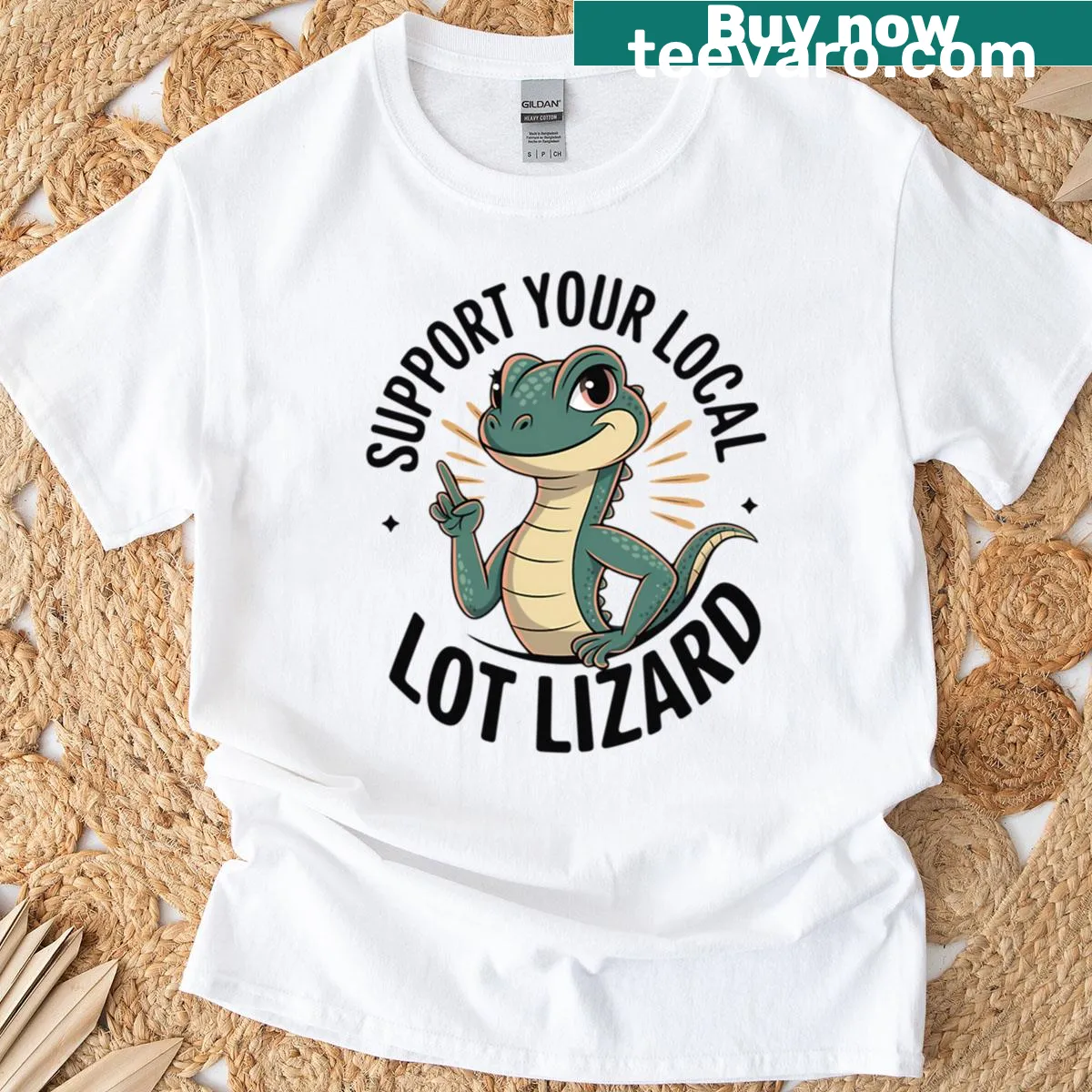 Funny trucker shirt with green lizard and humorous text — on a men's t-shirt
