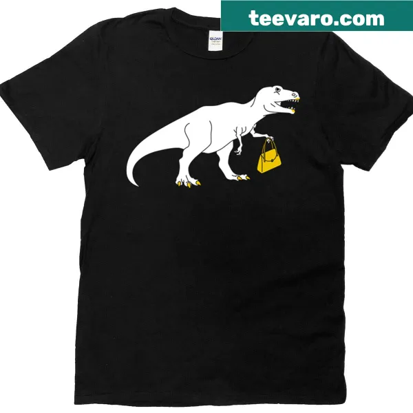 Cartoon T-rex wearing a handbag on an oversized T-shirt.
