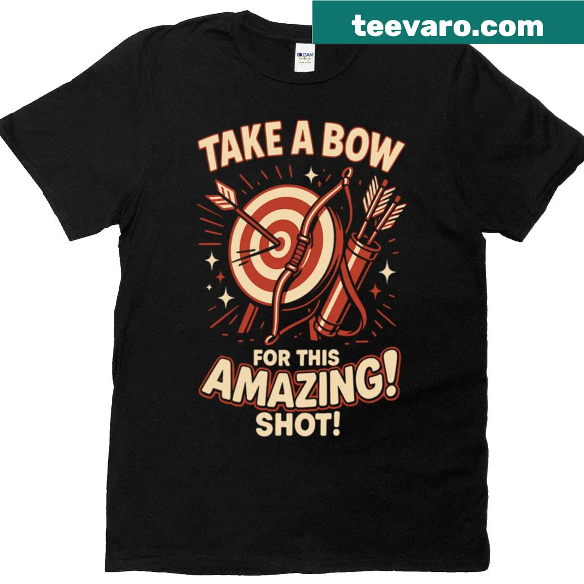 Illustrative Archer T-shirt with playful slogan about amazing shots — on a men's t-shirt