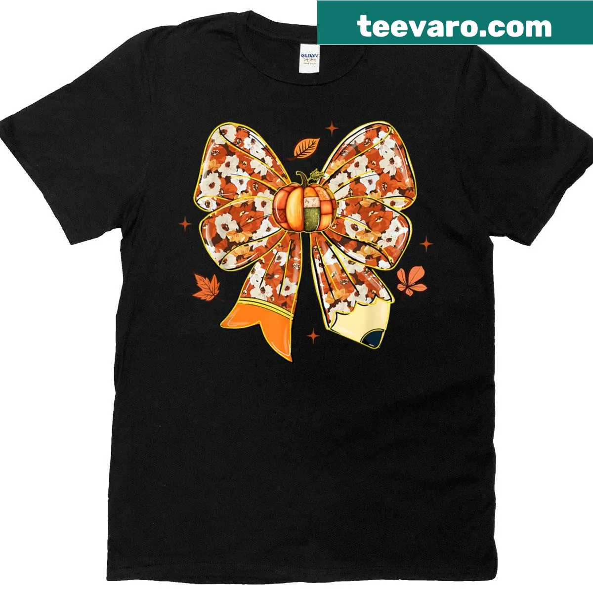 Cute teacher T-shirt with floral pumpkin and pencil design — on a men's t-shirt