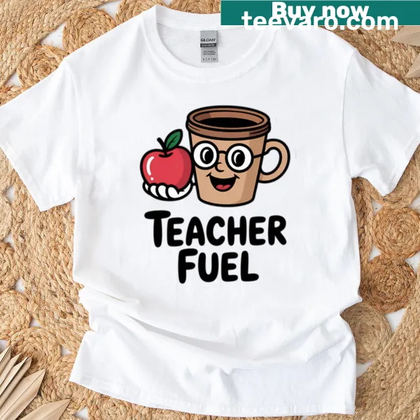 Funny teacher t-shirt with cartoon coffee cup design.