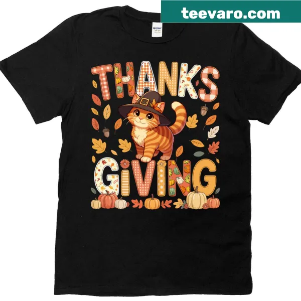 Cute pilgrim cat illustration with fall leaves on t-shirt