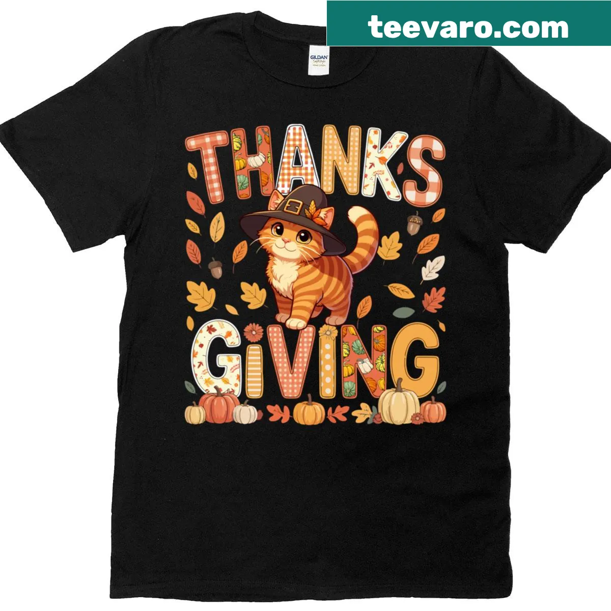 Cute pilgrim cat illustration with fall leaves on t-shirt — on a men's t-shirt