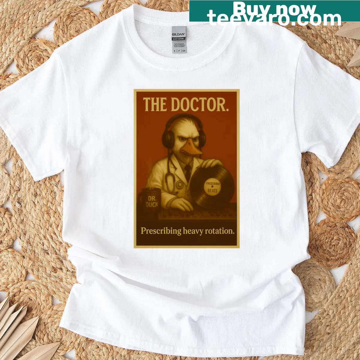 Whimsical shirt featuring a doctor duck prescribing music — on a men's t-shirt