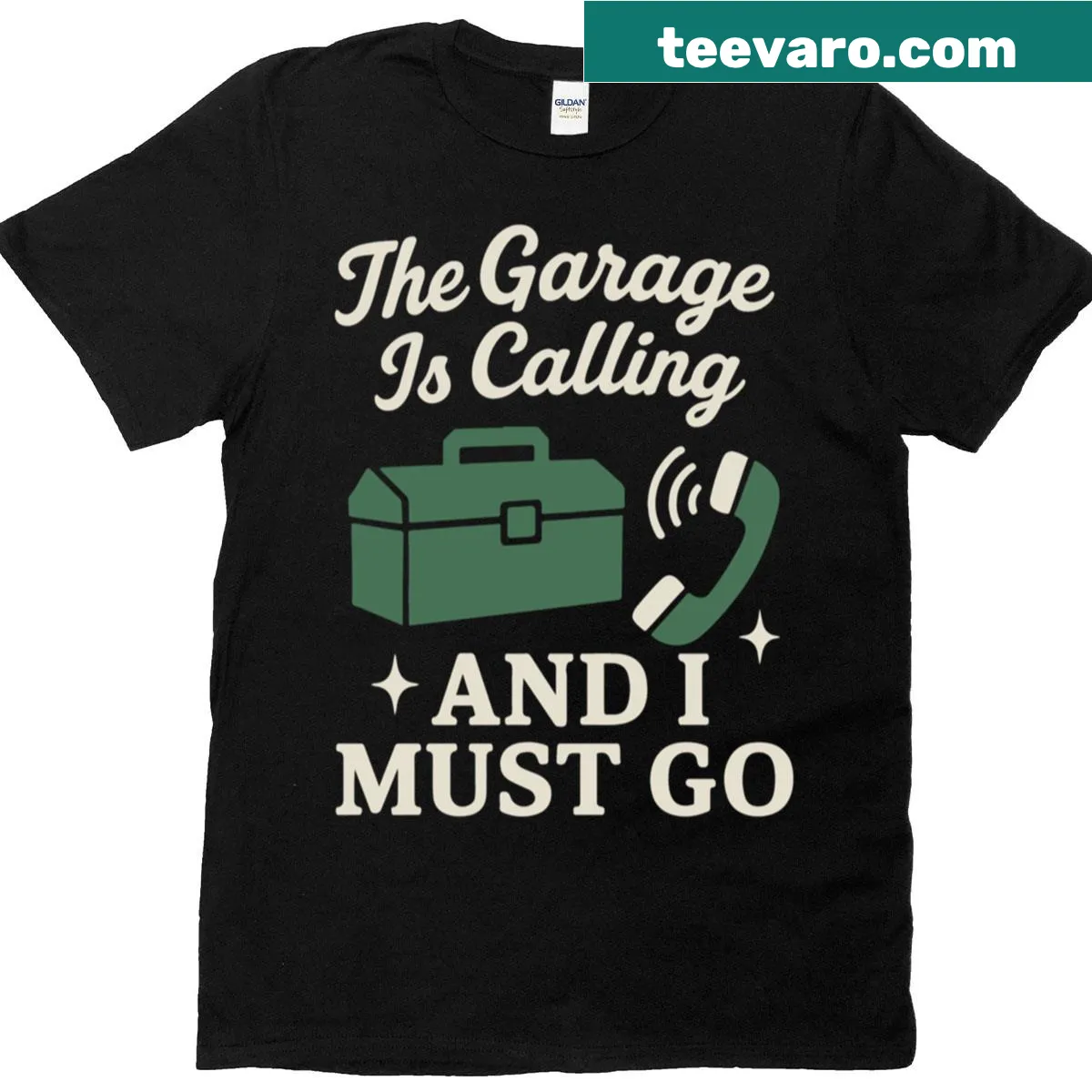 Playful t-shirt with text The Garage Is Calling — on a men's t-shirt