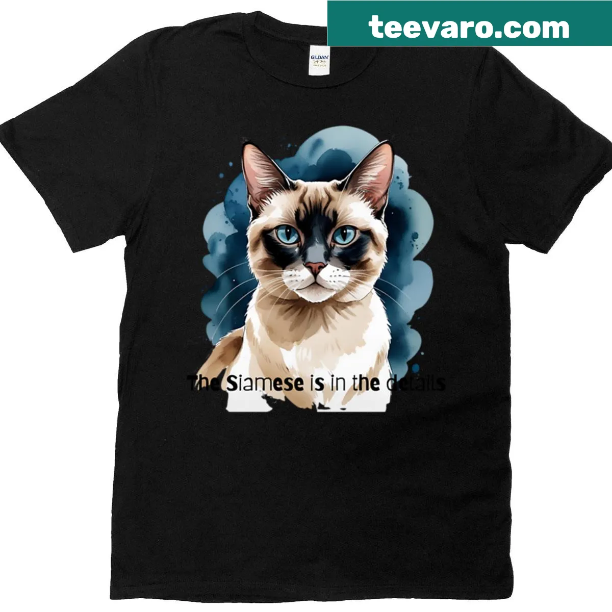 Watercolor T-shirt featuring a cartoon Siamese cat — on a men's t-shirt