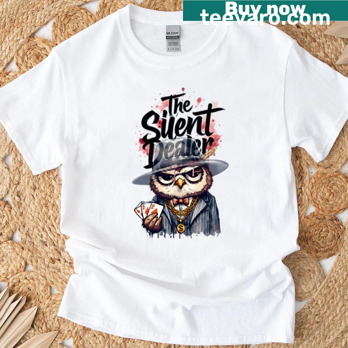 Mafia-themed illustration of an owl on a t-shirt — on a men's t-shirt