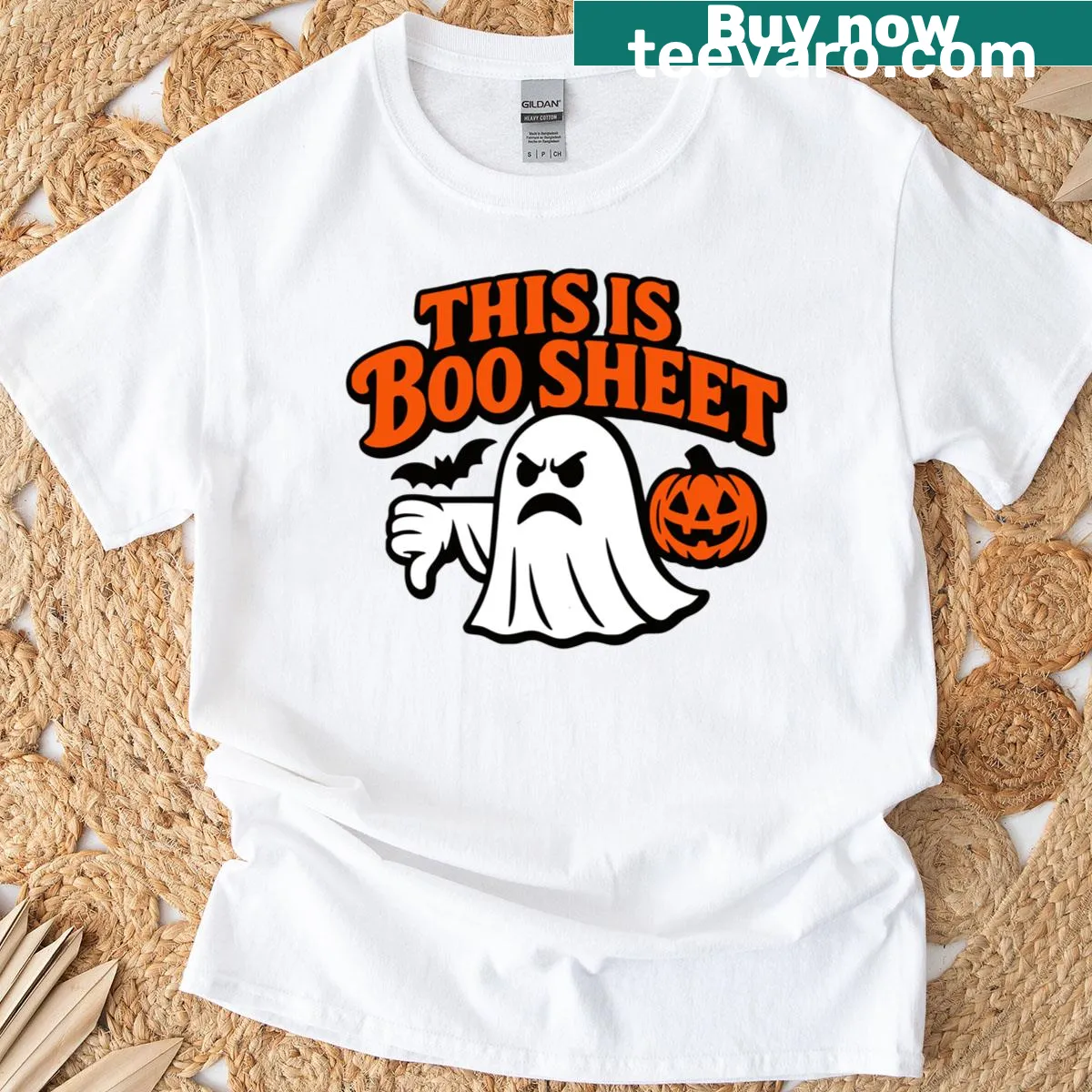 Funny ghost pun Halloween T-shirt with 'This Is Boo Sheet' text. — on a men's t-shirt
