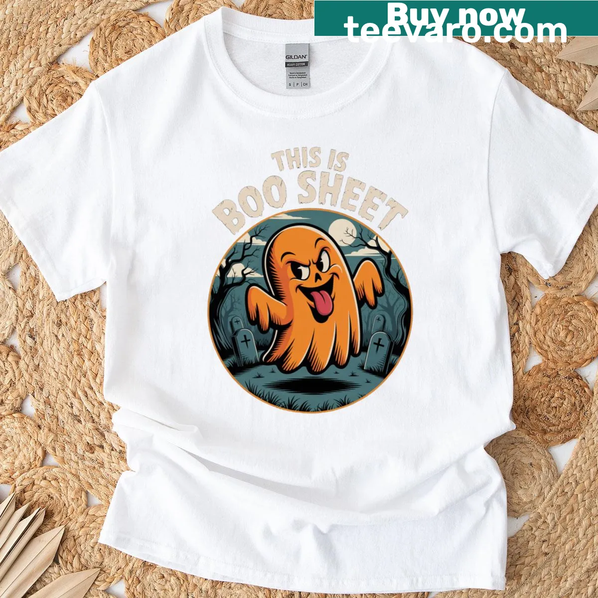 Cartoon ghost graphic with funny text on Halloween T-shirt. — on a men's t-shirt