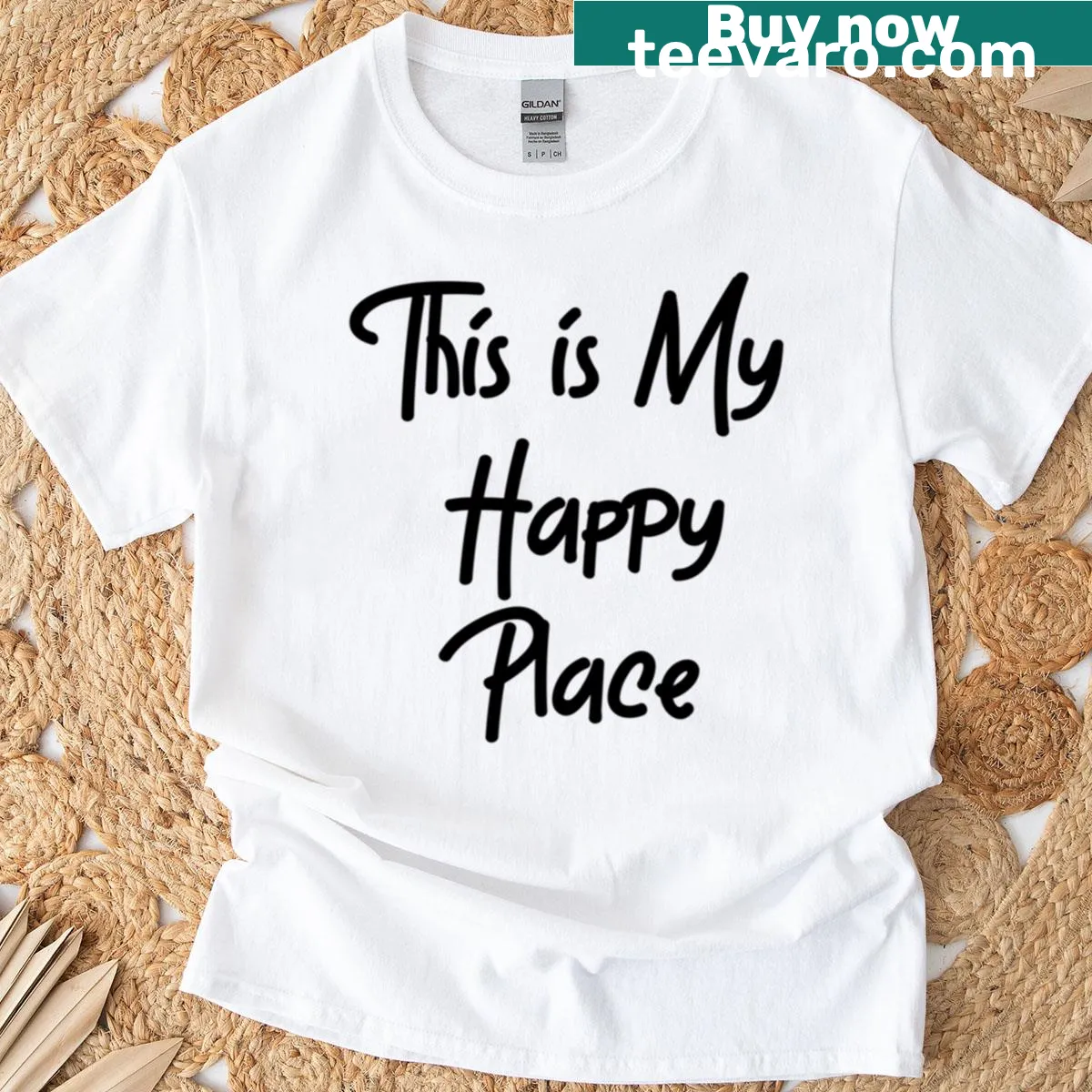 T-shirt with the phrase 'This Is My Happy Place' in a friendly font — on a men's t-shirt