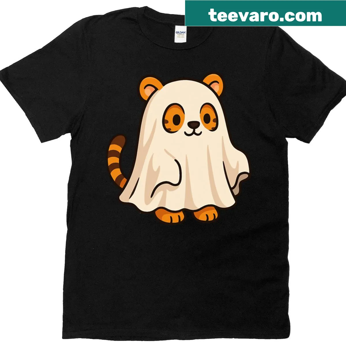 Cute Halloween T-shirt with a ghost in a tiger costume — on a men's t-shirt