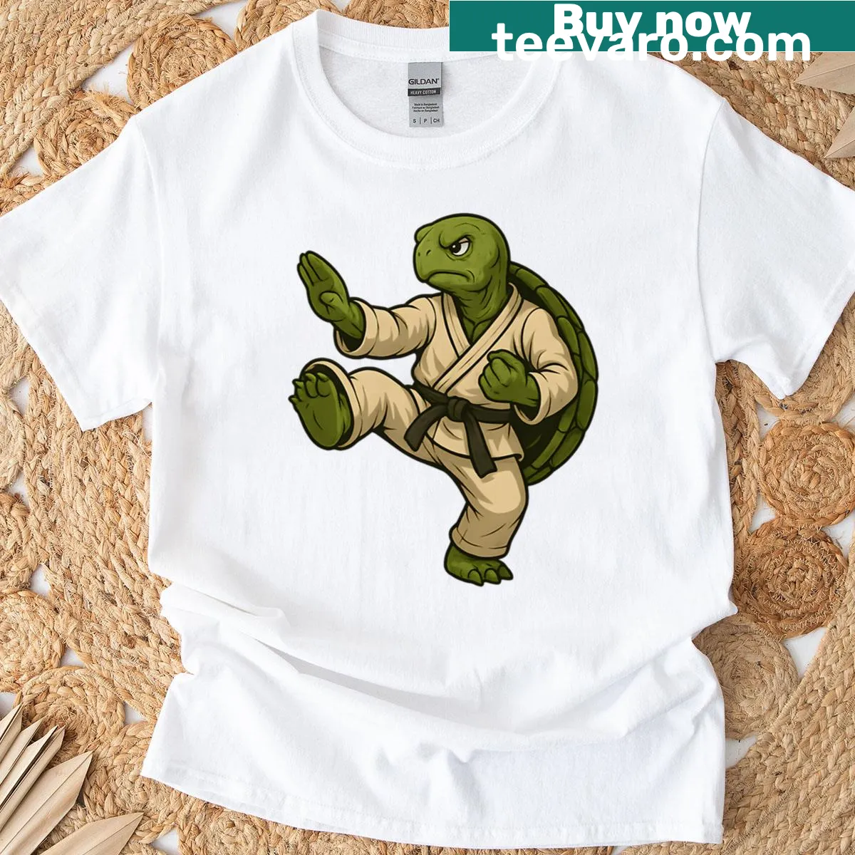 Cartoon tortoise in kung fu pose on a T-shirt — on a men's t-shirt