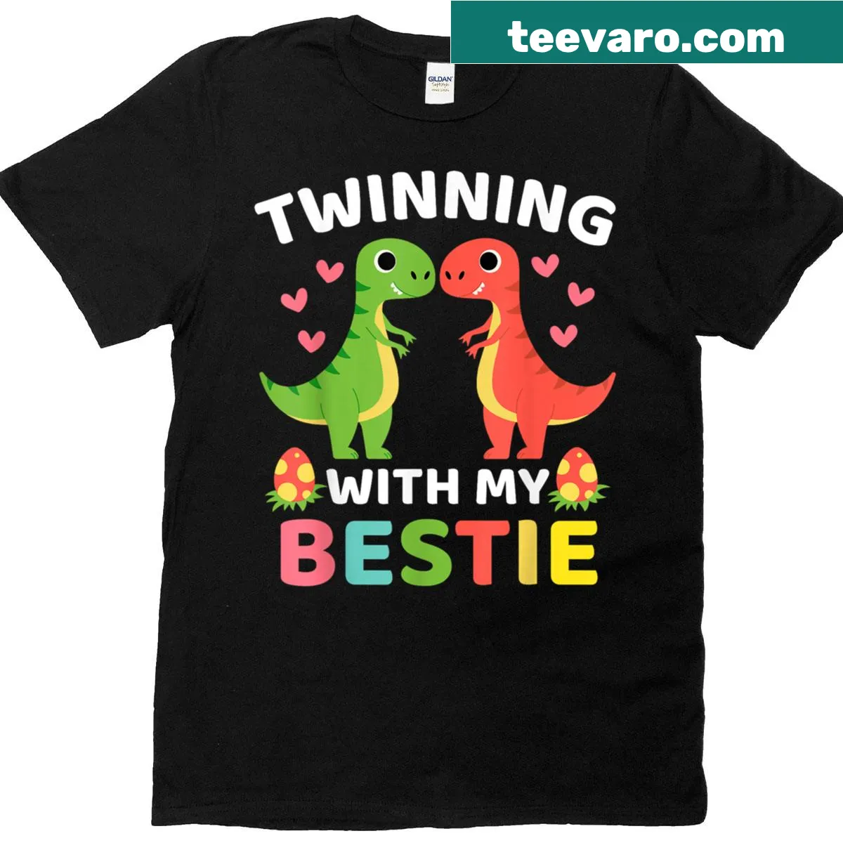 Kids t-shirt featuring cartoon T-rex dinosaurs and friendship theme — on a men's t-shirt