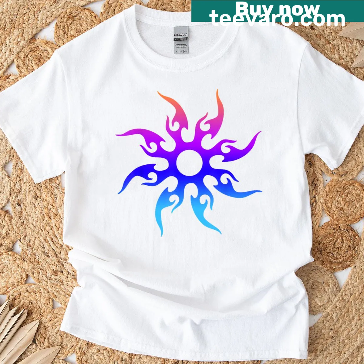 Tribal sun symbol graphic for Halloween-themed shirt — on a men's t-shirt