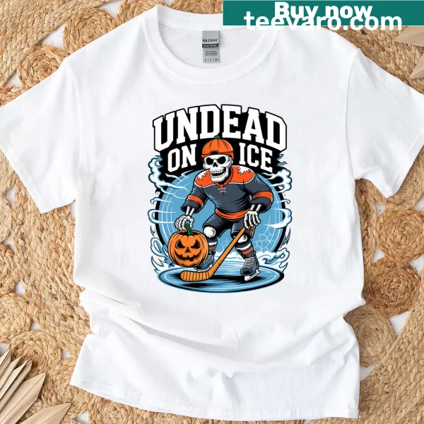Funny skeleton hockey players graphic for Halloween