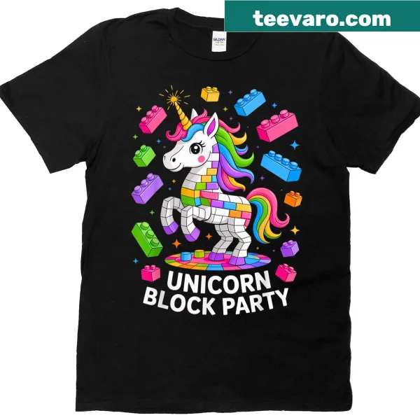 Graphic of a unicorn and building blocks printed on a kids t-shirt