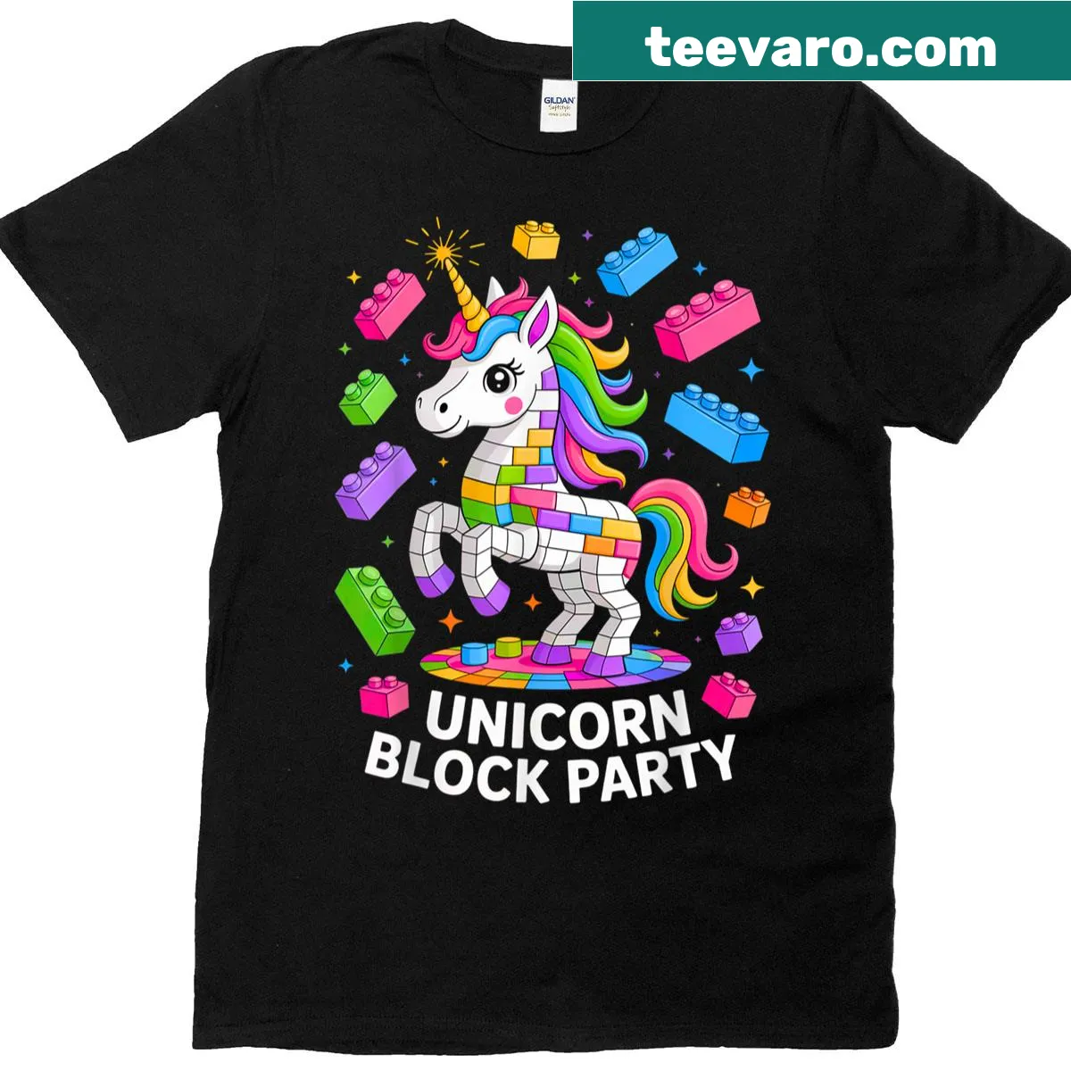Graphic of a unicorn and building blocks printed on a kids t-shirt — on a men's t-shirt