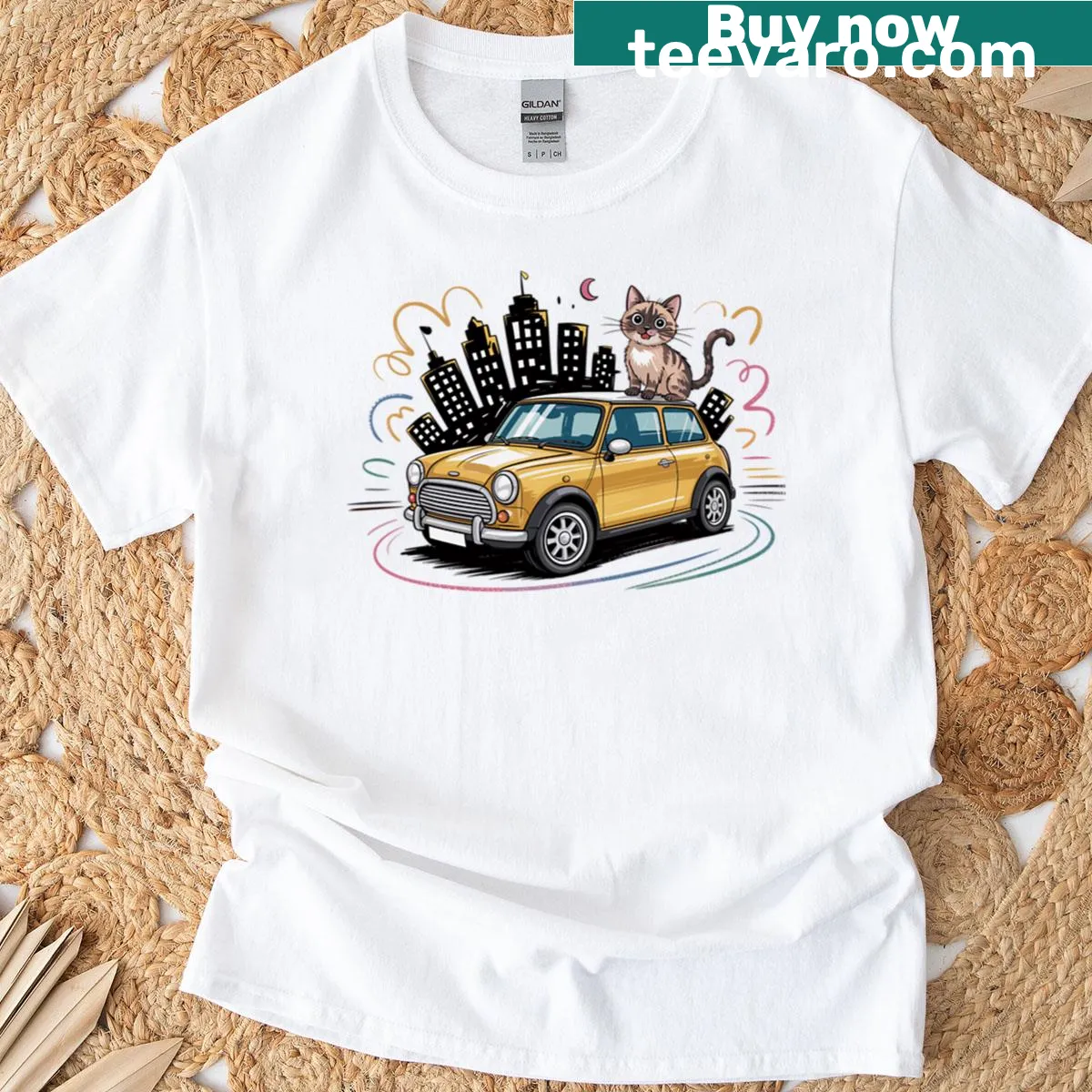 Vintage car-themed shirt with playful cat illustrations — on a men's t-shirt