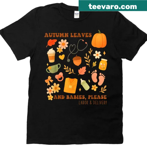 Vintage t-shirt for labor delivery nurses featuring autumn leaves