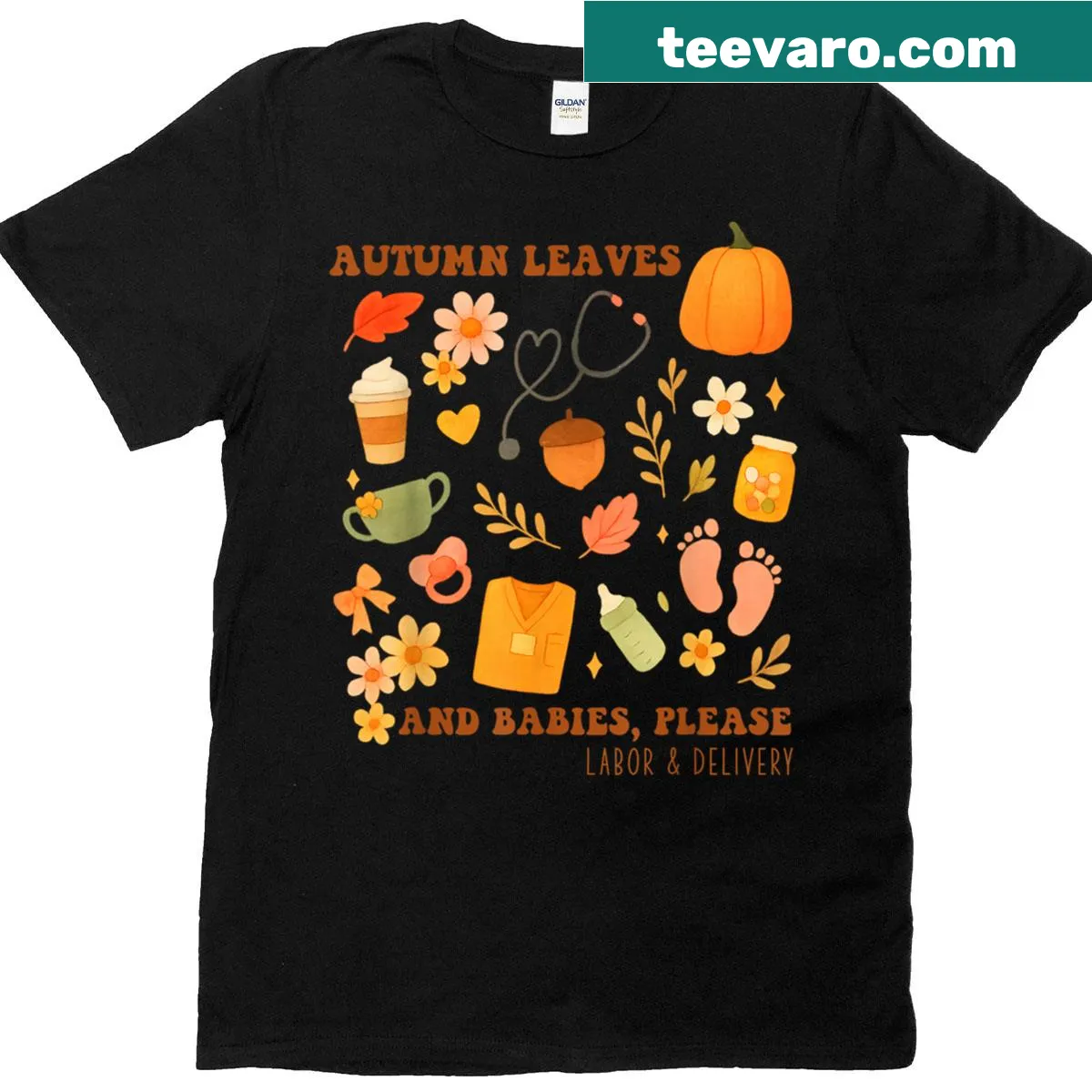 Vintage t-shirt for labor delivery nurses featuring autumn leaves — on a men's t-shirt