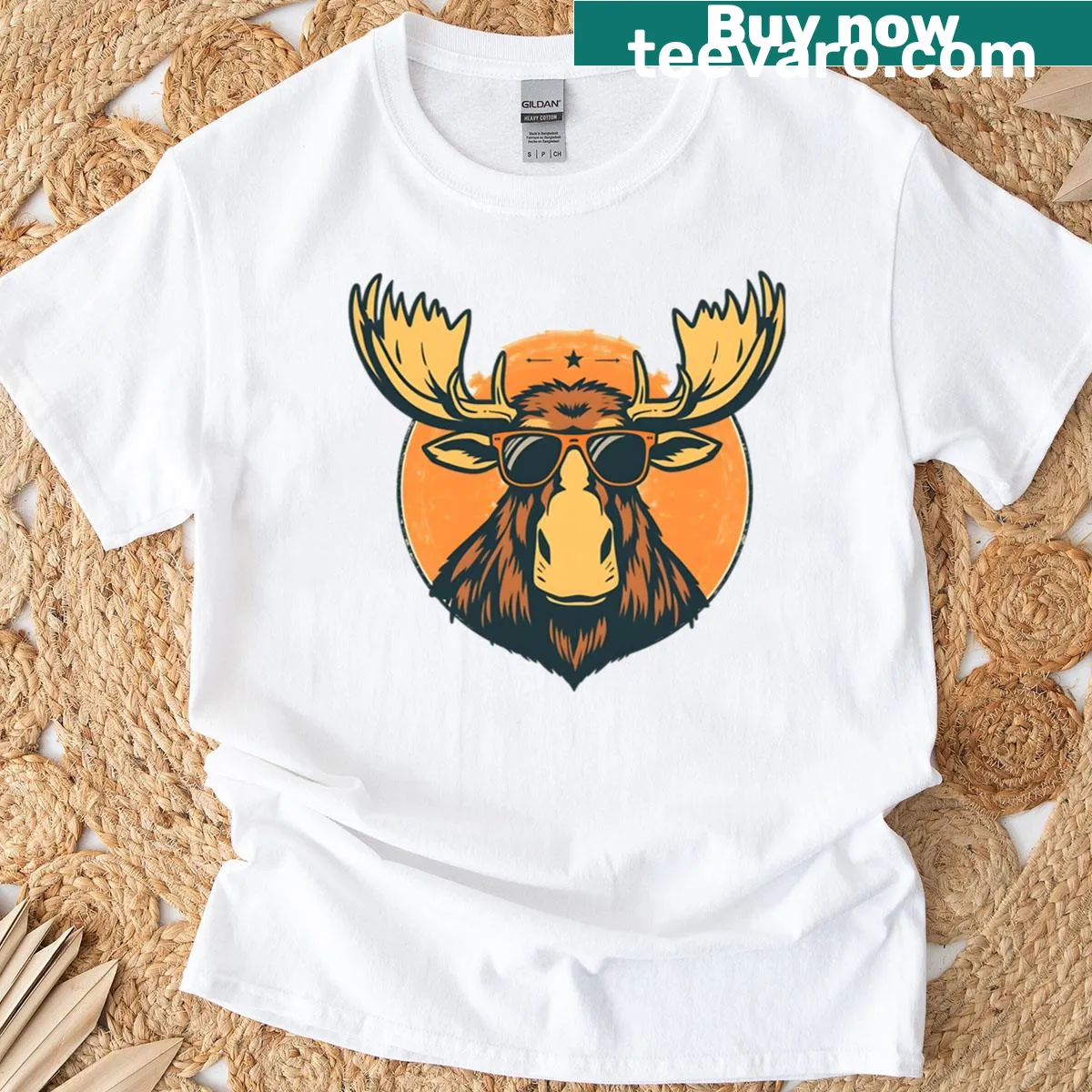 Vintage-style shirt featuring a moose with sunglasses — on a men's t-shirt