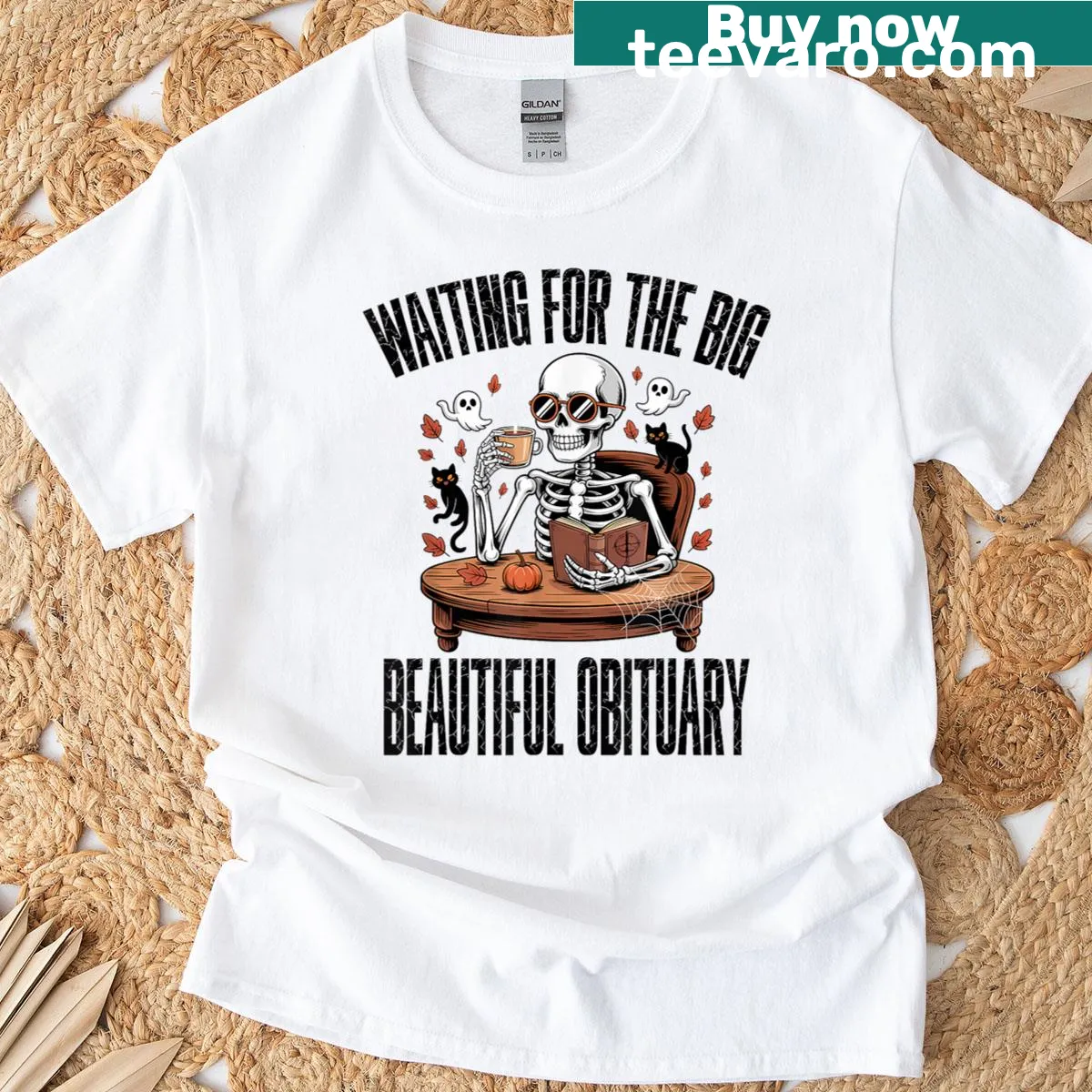 Humorous skeleton graphic waiting for obituary on t-shirt — on a men's t-shirt