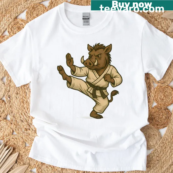 Playful warthog kung fu graphic on a T-shirt