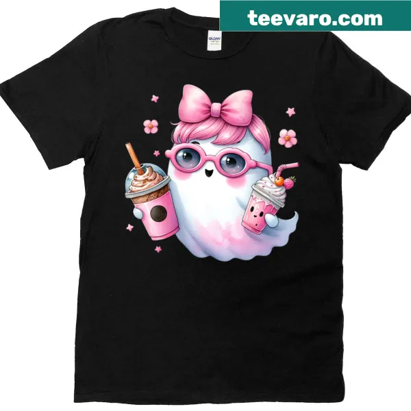 Cute watercolor ghost with pink sunglasses and a bow, holding coffee