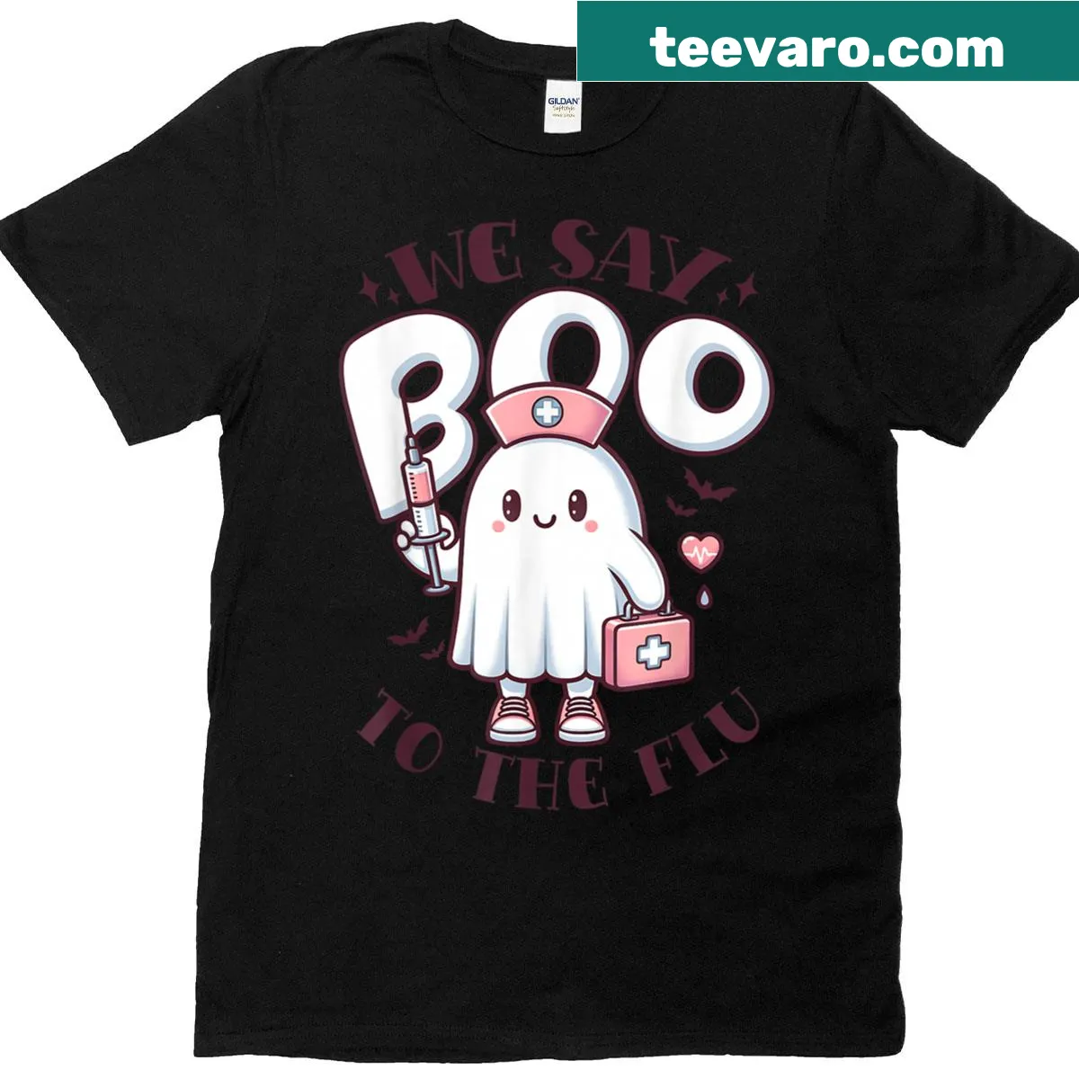 Halloween nurse shirt with ghost graphic and 'We Say Boo To The Flu' text — on a men's t-shirt