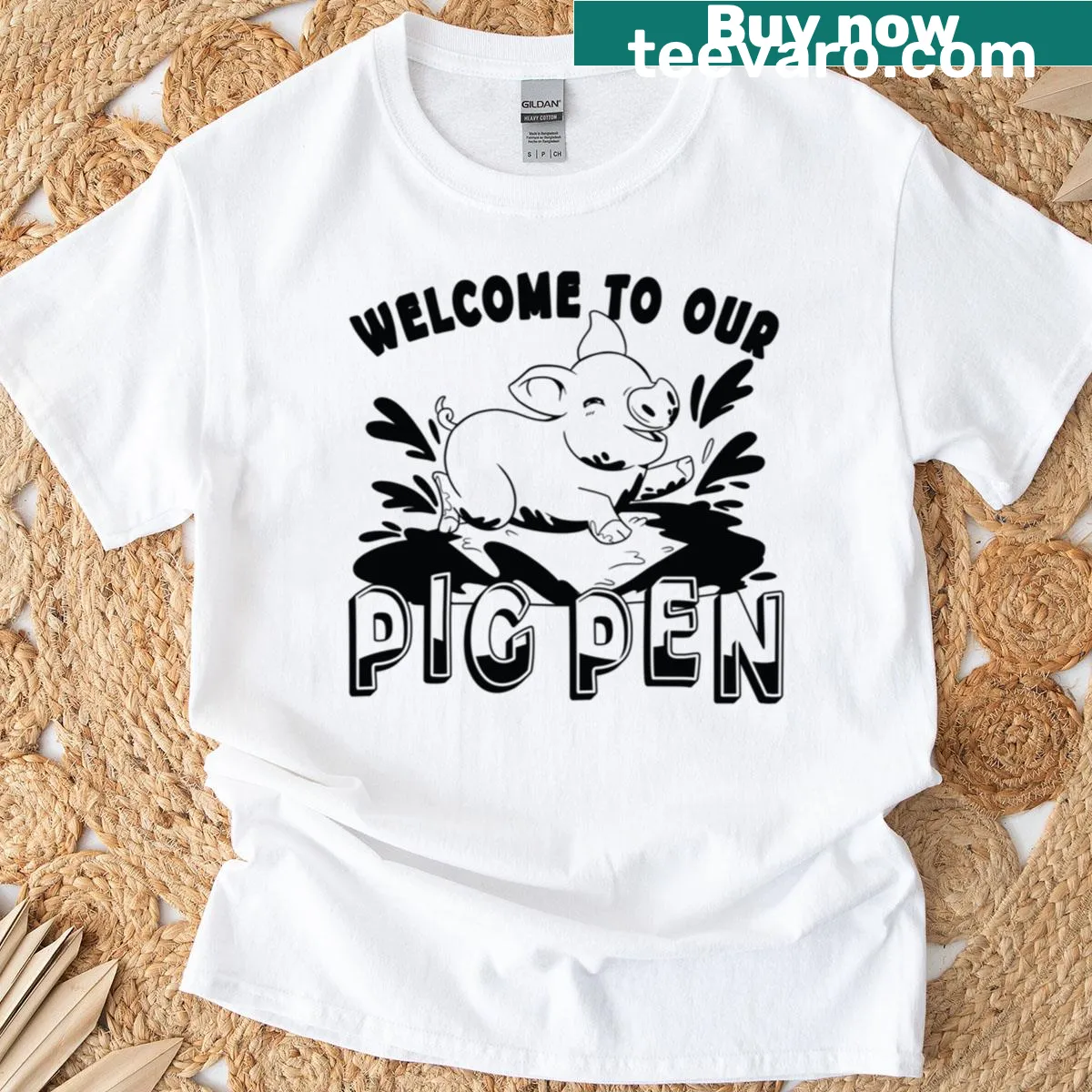 T-shirt with pig farmer welcome graphic — on a men's t-shirt