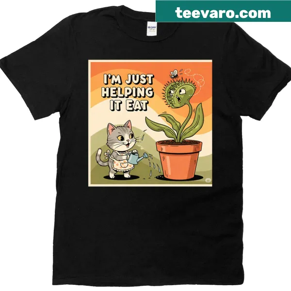 Funny illustration tee featuring a cat and a Venus flytrap