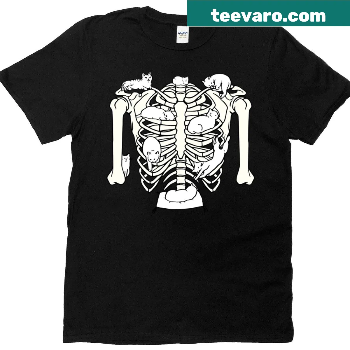 Illustration of white kittens inside a rib cage skeleton — on a men's t-shirt