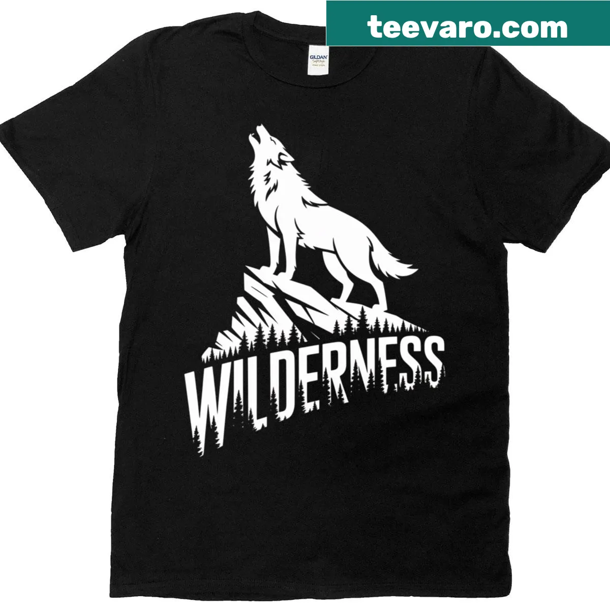Illustrated Wild Wolf t-shirt depicting wilderness and mountains — on a men's t-shirt