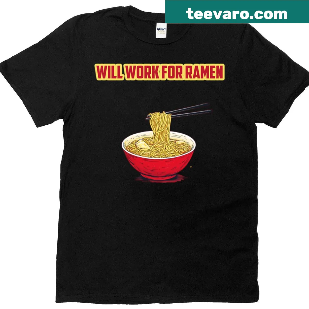 Funny T-shirt featuring a statement about working for ramen — on a men's t-shirt