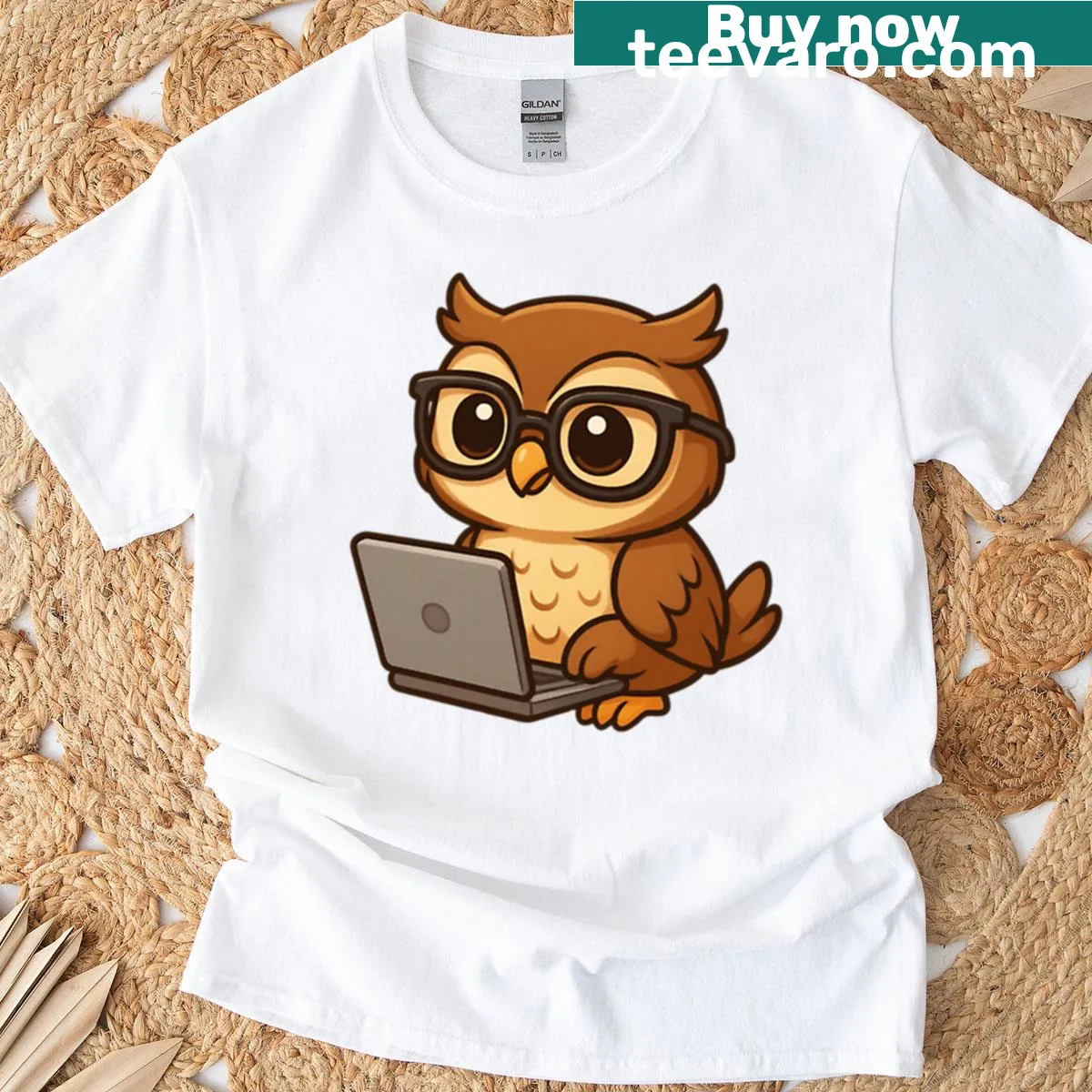 Charming chibi owl with laptop cartoon art on t-shirt — on a men's t-shirt