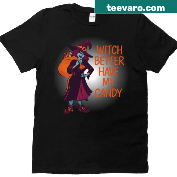 Funny Halloween T-shirt with a witch graphic demanding candy