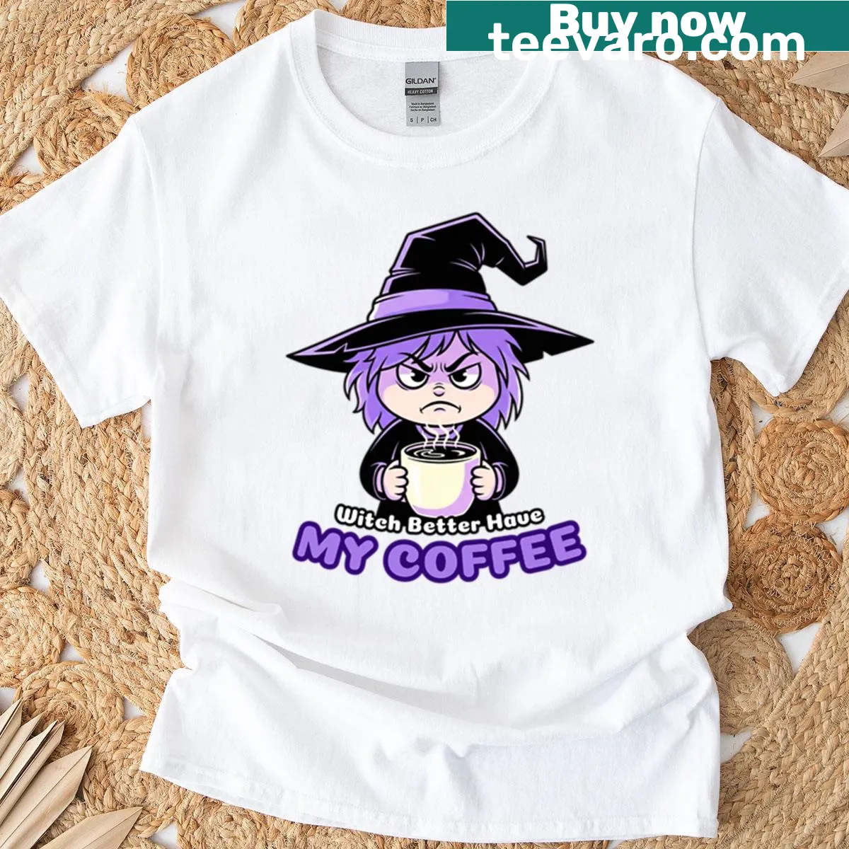 Oversized T-shirt with the phrase 'Witch Better Have My Coffee' — on a men's t-shirt