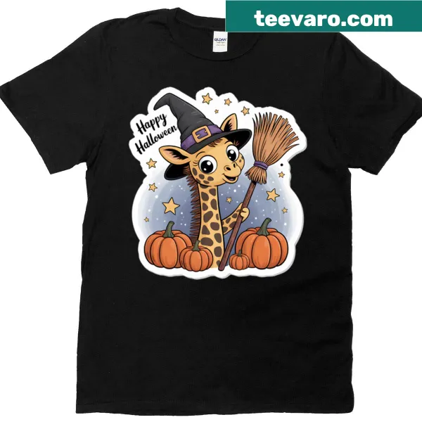 Cute oversized T-shirt with a witch giraffe and pumpkins illustration