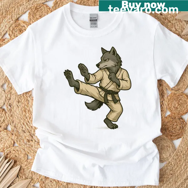 Oversized T-shirt featuring a wolf in a kung fu pose illustration