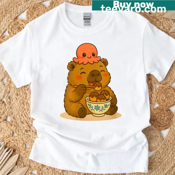 Cute capybara eating takoyaki on a fun food lover t-shirt