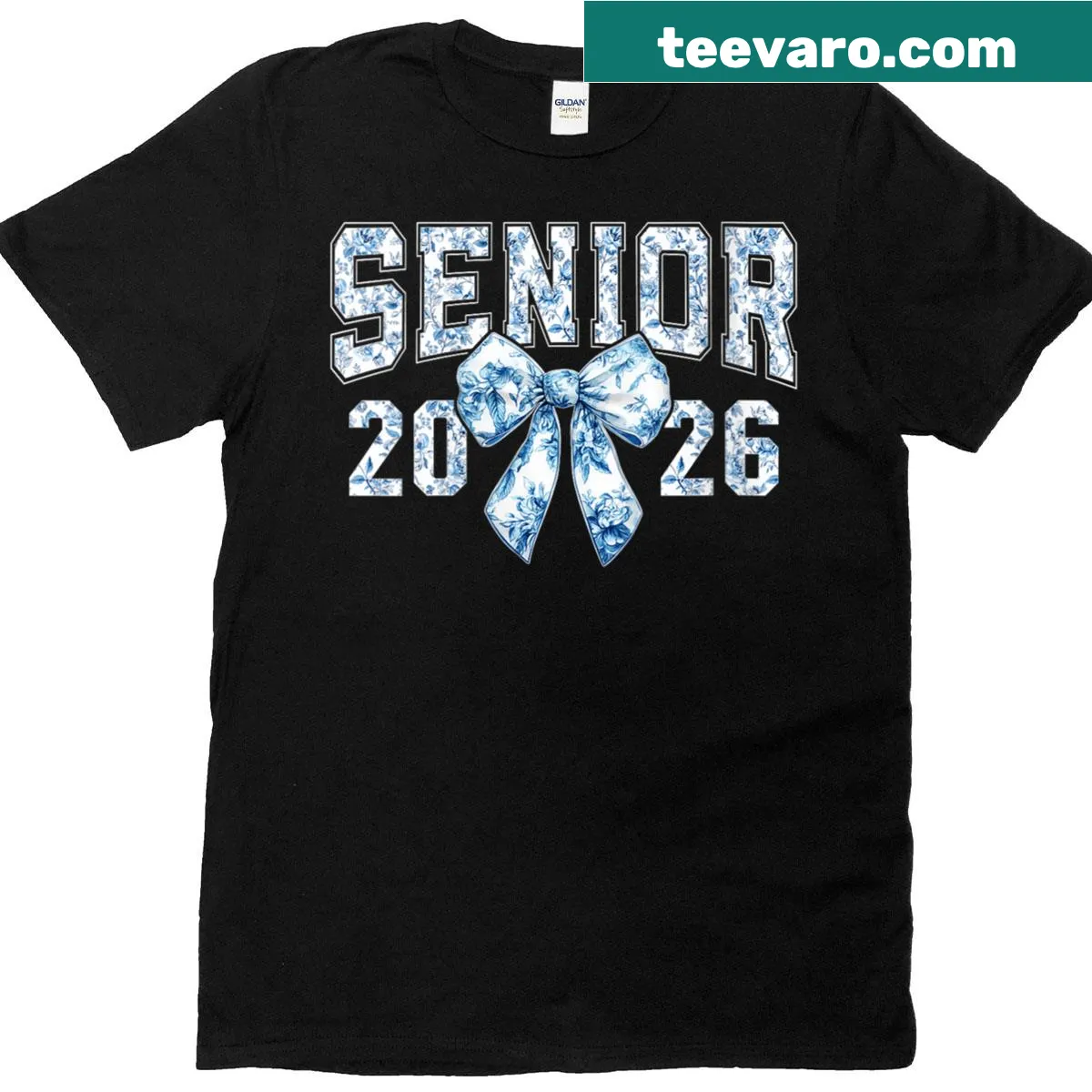 Floral preppy design with blue toile and bow for graduating women. — on a men's t-shirt